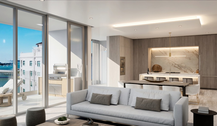 Rendering of Living Room and Kitchen with View of Bridge at Peninsula Sarasota