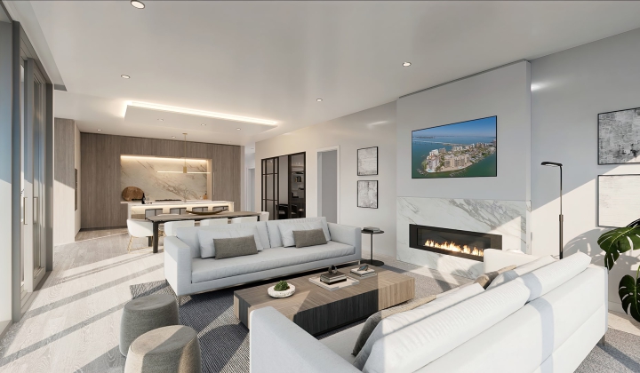 Rendering of Living Room and Kitchen at Peninsula Sarasota