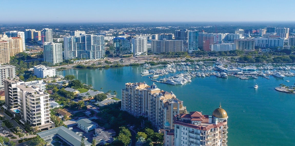 aerial of golden point where peninsula sarasota sales gallery is near