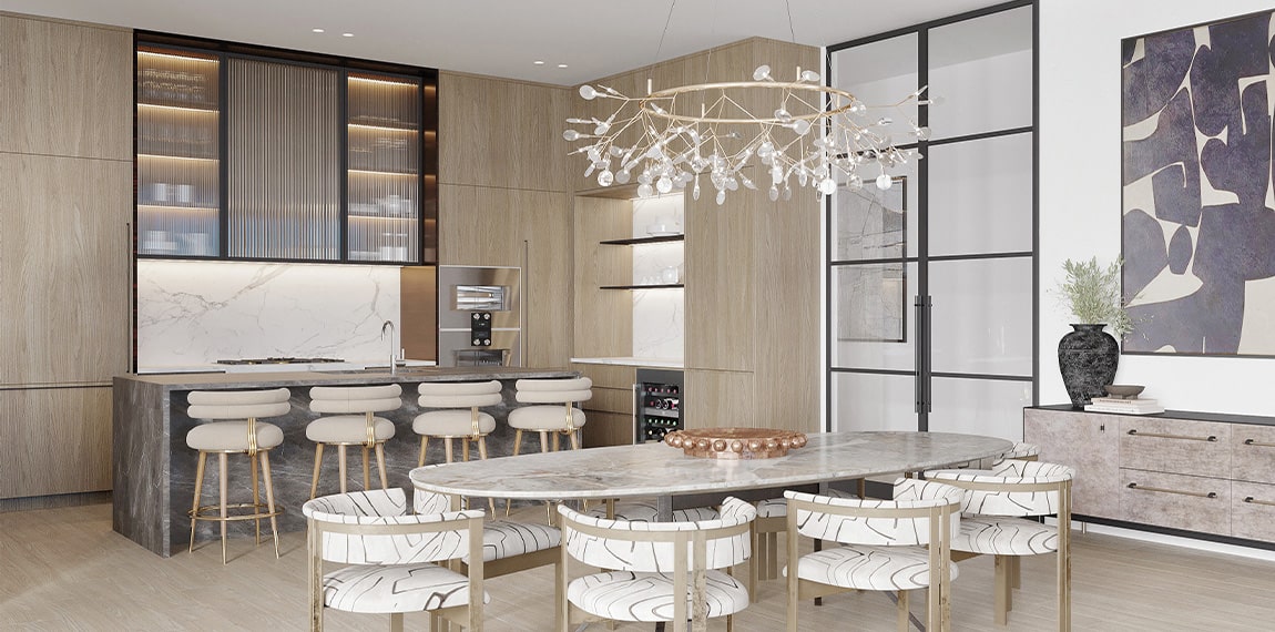 rendering of the kitchen and dining room in peninsula sarasota penthouses