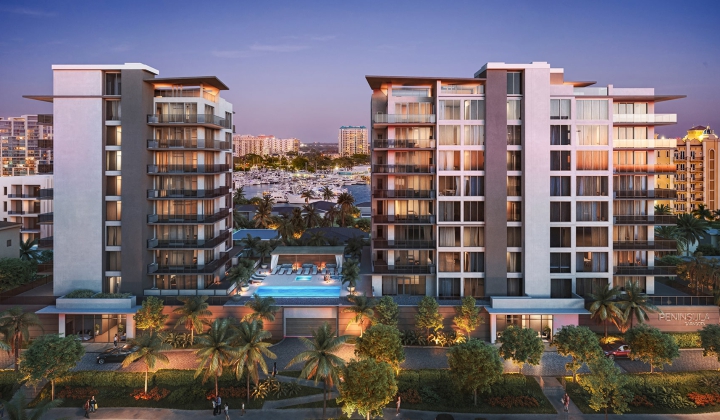 dusk rendering of the peninsula sarasota condos