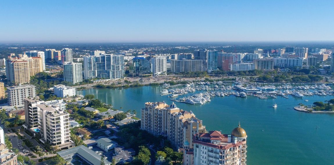Aerial of the waterfront in Sarasota, Florida